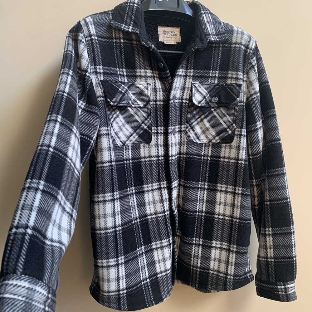 Boston Traders Shirt Jacket‎ Fleece Black/White Collared Buttons Sherpa Lined M